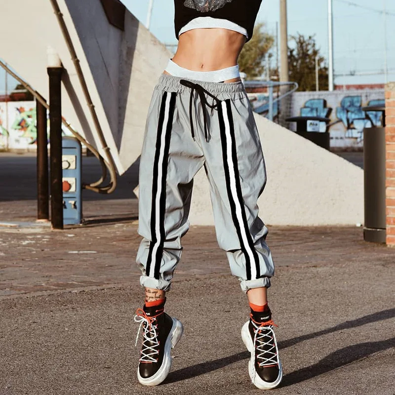 Женские Светоотражающие джоггеры Harajuku полосатые гаремные брюки серые хип-хоп