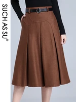 such as su 4 colors 2021 women black brown dark blue wine red high waist pleated skirt winter s 3xl size female mid long skirt