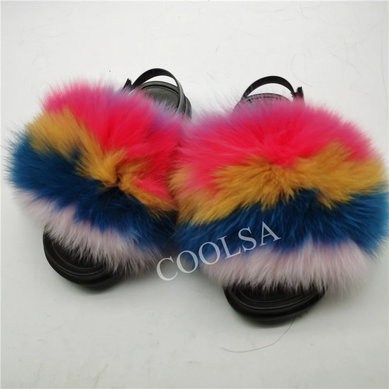 COOLSA Girls Fur Slides Summer Kids Multi-color Fur Slippers Lovely Toddler Fur Slides Children Flat Fur Shoes Drop Shipping