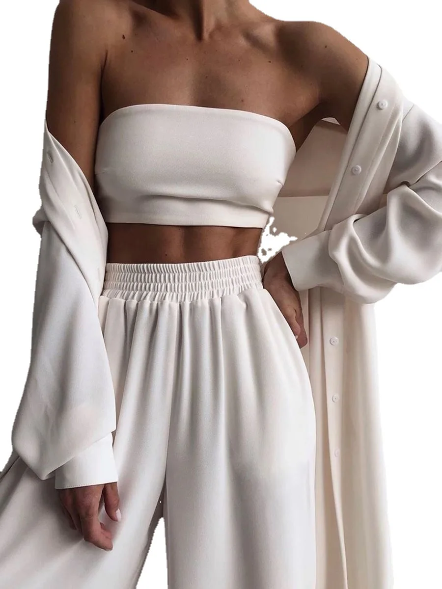 

Autumn Winter Elegant Solid Three Piece Sets Women Sexy Wrap Tops and Long Pants Homesuit Lady Soft Sportswear Outwear Tracksuit