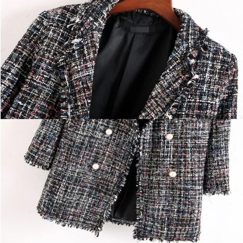 Женская твидовая куртка в клетку Повседневная Свободная с жемчужными пуговицами