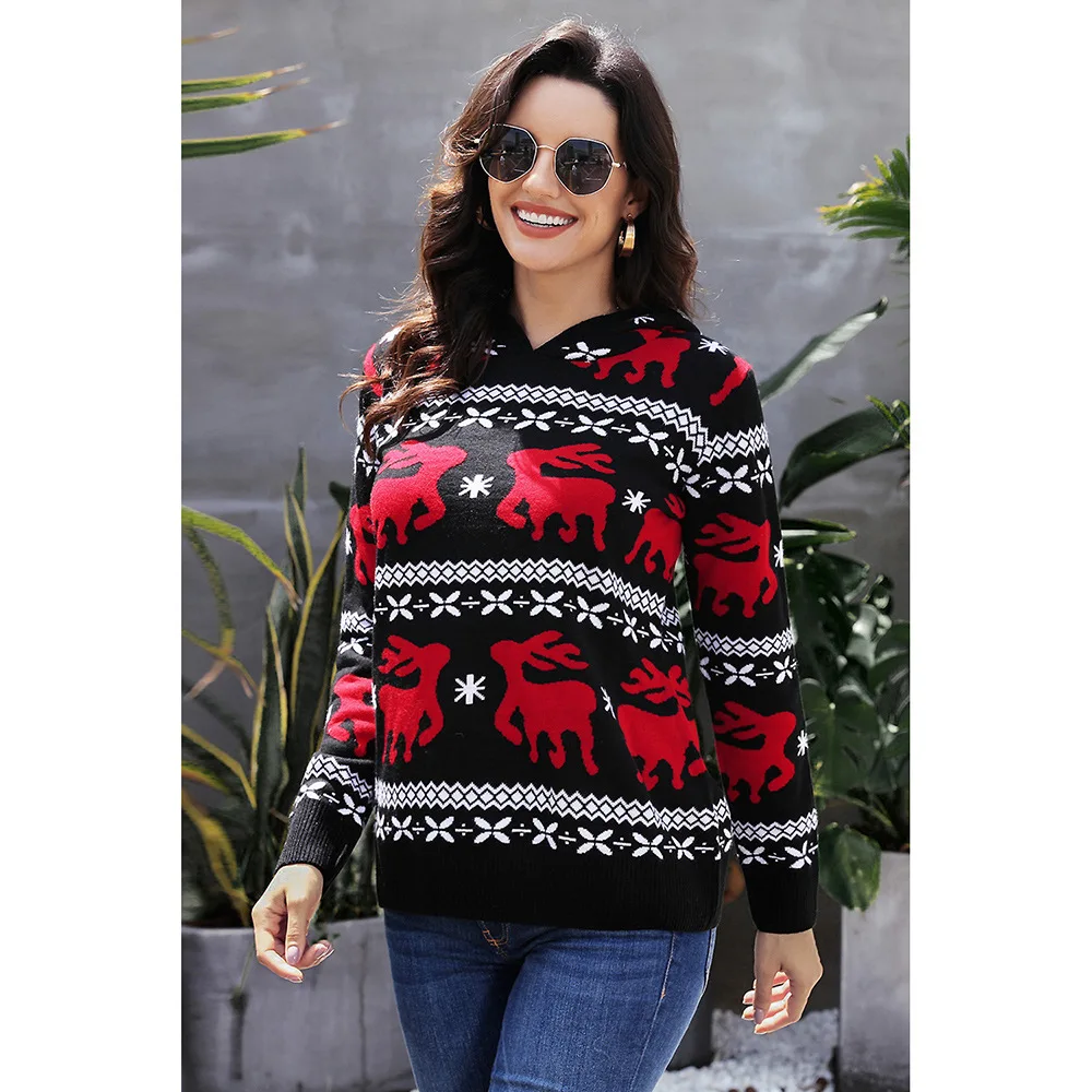 Женский свитер с капюшоном вязаный пуловер оленями цвет белый зеленый черный