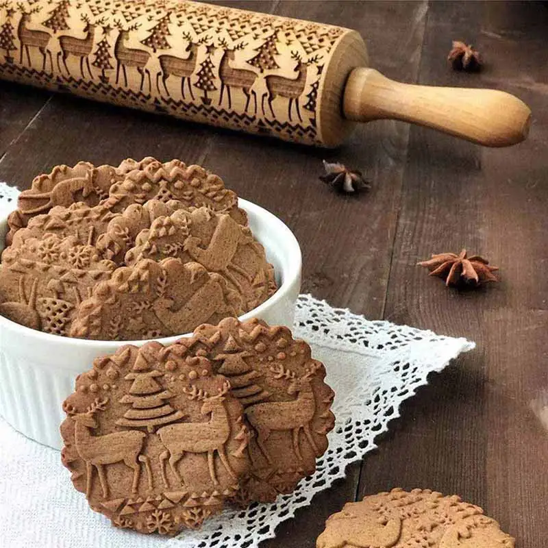 

Christmas Embossed Rolling Pin Wood Carved Cookies Biscuit Fondant Dough Baking Engraved Printed Roller Holiday Gifts