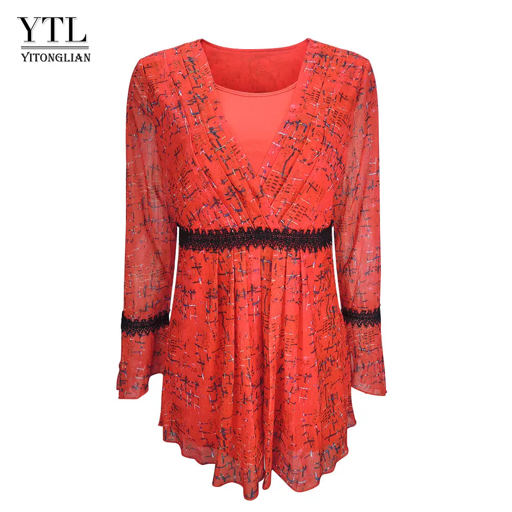 Red Plaid YTL шикарная женская блузка, шифоновая рубашка, красная вышивка, кружево, украшение, круглый вырез, вырез лодочкой, рукав-фонарик, женская рубашка Blusa H293 - Цвет: Red Plaid
