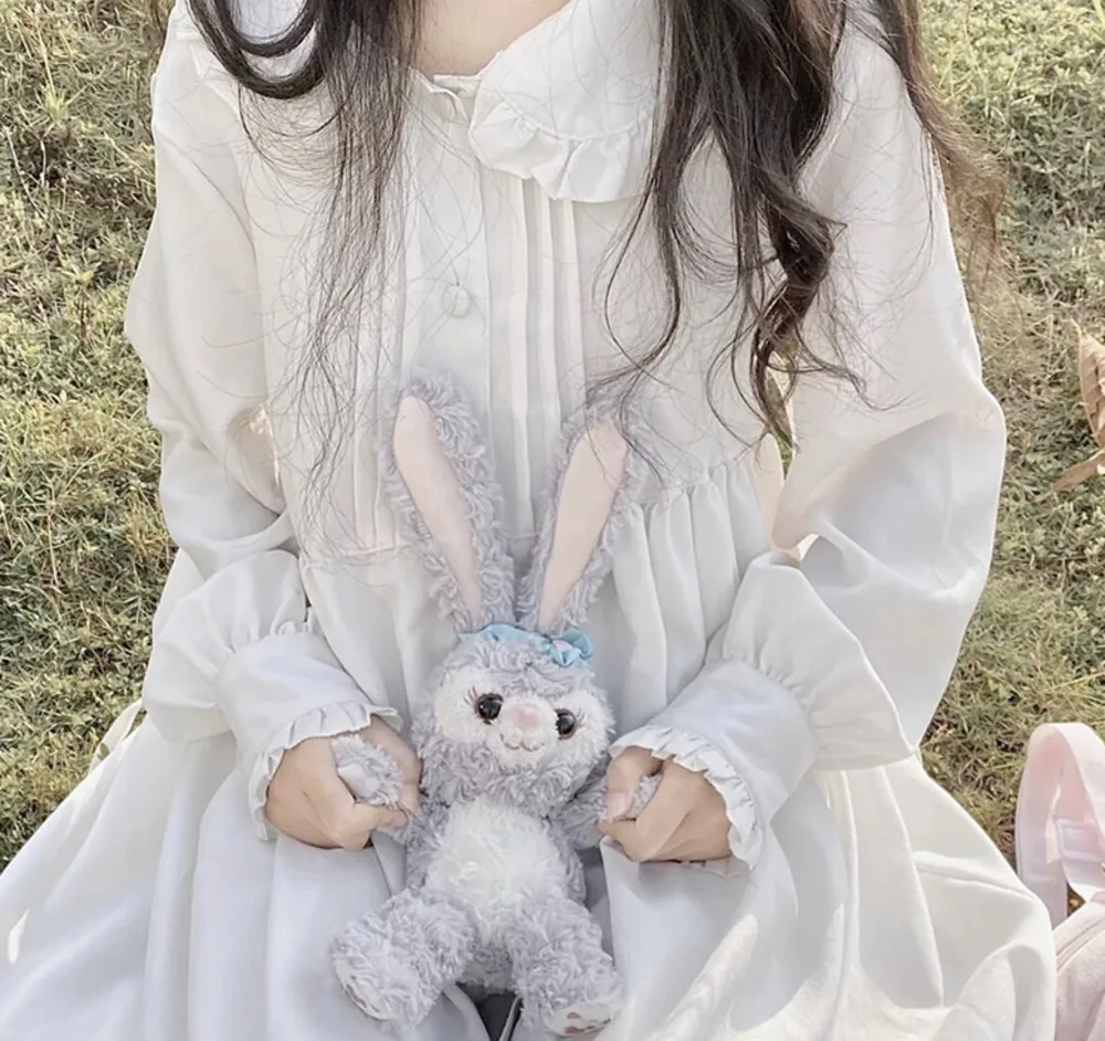 

Japanese Lolita Style Spring Autumn Women Dress Peter Pan Collar White Bag Princess Party Dress Cute Kawaii Long Ruffles Dresses
