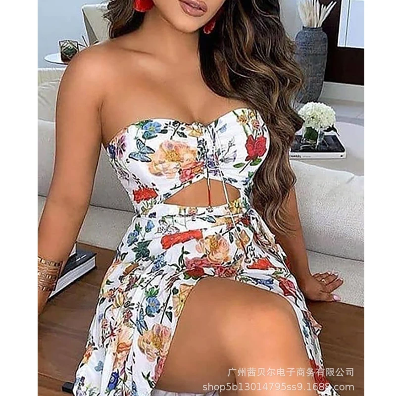 

WEPBEL Dress Summer Casual Print High Waist Backless Irregular Dress Women's Sexy Slim Hollow Out Strapless Split Dress