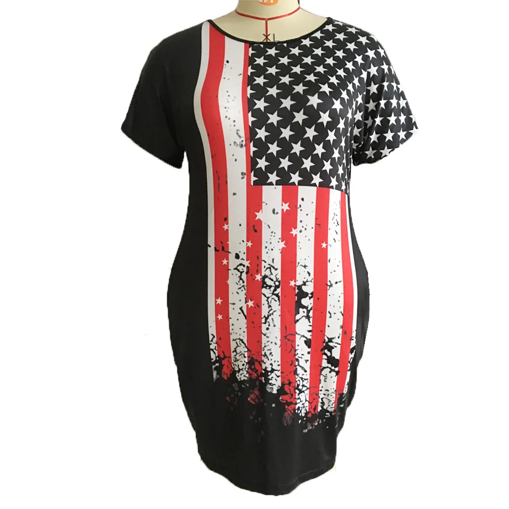 

2021 Amazon Women's Knitted Skirt American Flag Printing Slim European, American, Spring and Summer Short Sleeve Mid-dress