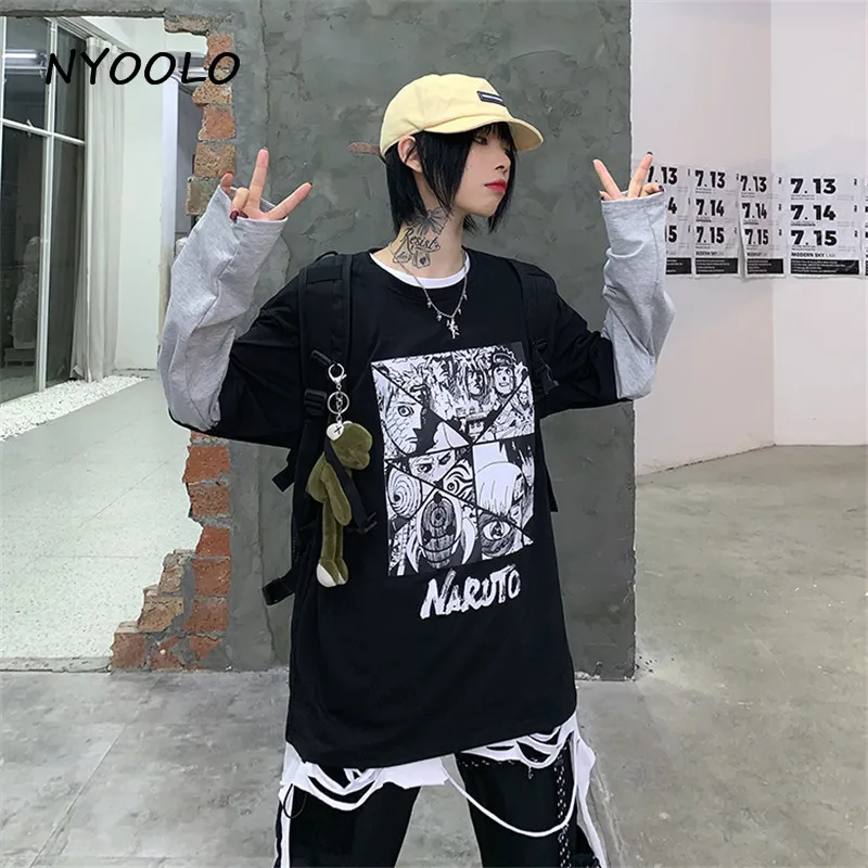 NYOOLO Harajuku Винтаж Наруто с буквенным принтом поддельные 2 шт. Лоскутная футболка осень уличная одежда с длинным рукавом Футболка для женщин и мужчин