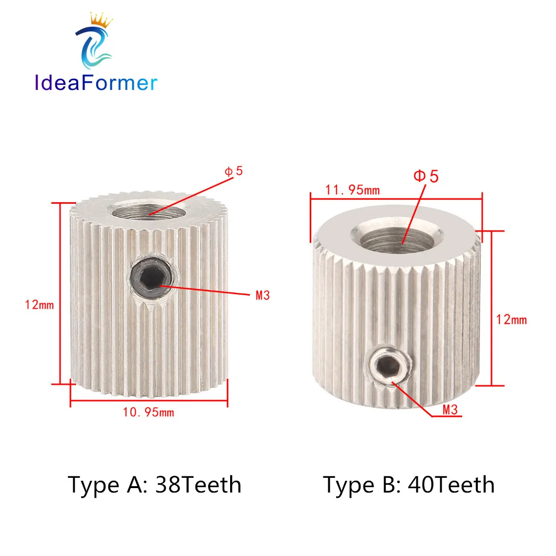 

5Pcs MK7 MK8 Extrusion Gear 38/40Tooth Full-Teeth Bore 5mm Stainless Steel Drive Gear Feeding Gear Wheel For 3D Printer Extruder