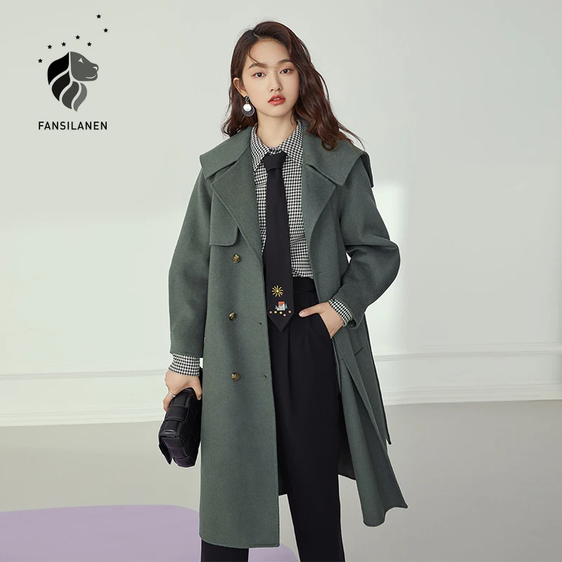 

FANSILANEN Gray long elegant wram wool coat Women double breasted winter coat jacket Vintage cashmere female trench blend coat