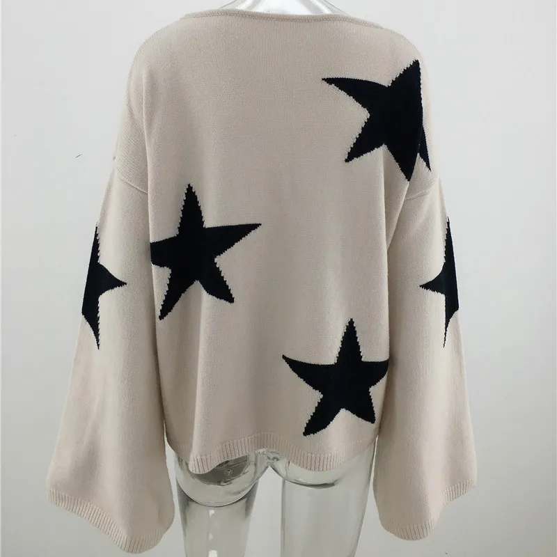 2022 Autumn Winter New Loose Stars Women Sweater Flare Sleeve Oversize Knitwear Pullovers Sweaters Casual Female Knitted Jumper | Женская