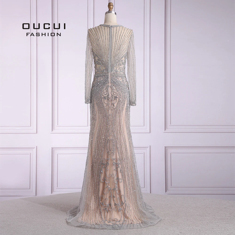 Oucui Элегантное длинное вечернее платье с бисером роскошное для выпускного вечера