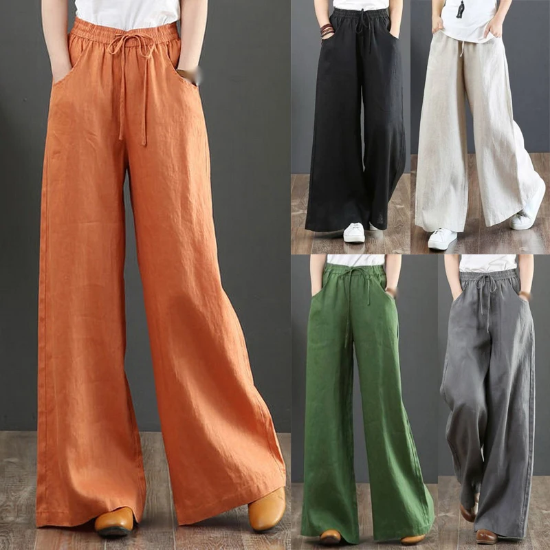 

2021Women Summer Pants Casual Solid Cotton Vintage Linen Pockets Loose Drawstring Trousers Elastic Waist Solid Pantalon 4XL