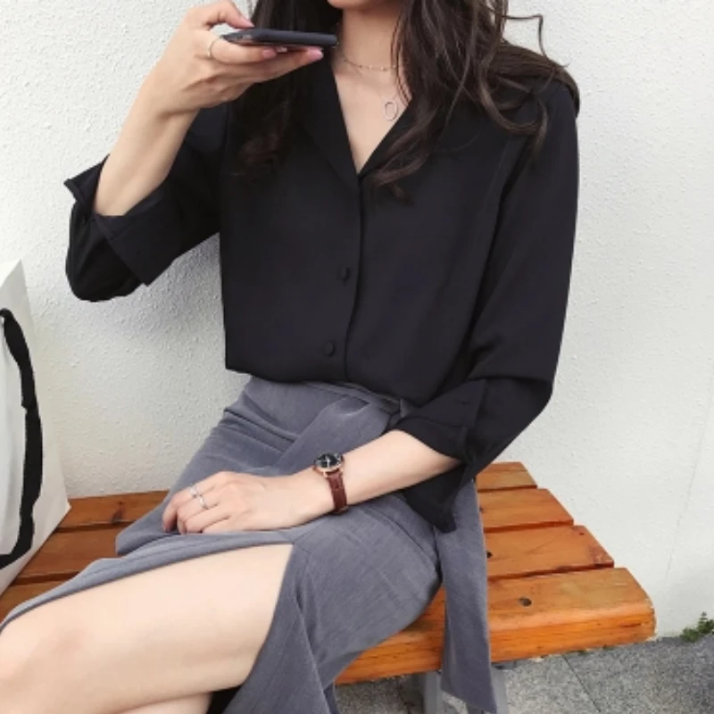 Блузка женская шифоновая с длинным рукавом и V-образным вырезом | Женская одежда