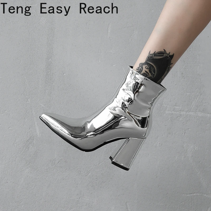 

2022 New Sliver Gold Women Ankle Boots Pointed Toe Chunky High Heel Boots Mirror Metallic Women Pumps Female Sexy Stiletto Boots