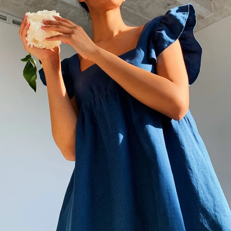 

Casual Square Collar Butterfly Sleeve Mini Sweet Dress Woman Backless High Waist Loose Linen Solid Dress 2021 Summer