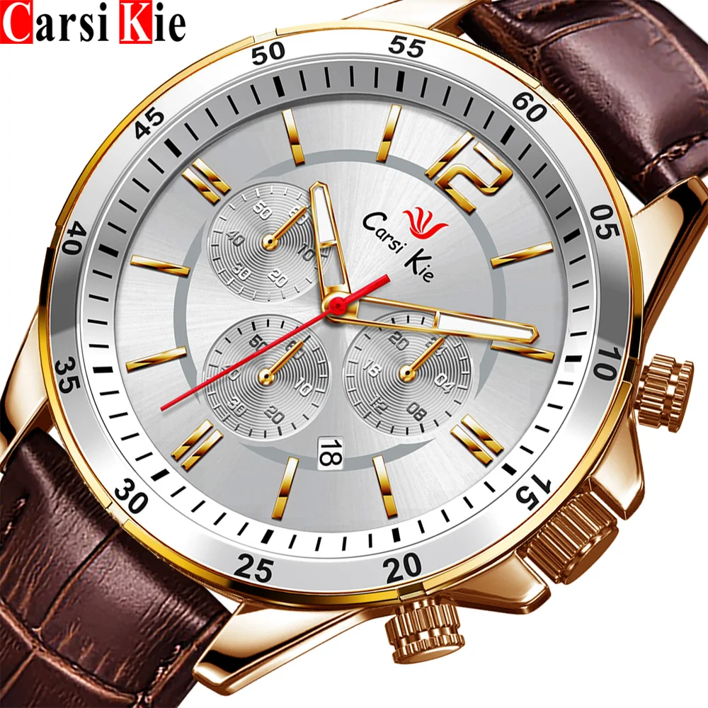 Golden Men's Quartz Watch 2021 Carsikie Top Luxury Brand Chronograph Waterproof Leather Watch for Men Date Sports Clock Male