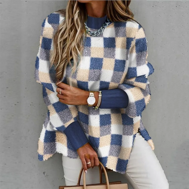 

2021 women's fashion Plaid half high neck long sleeve split sweater