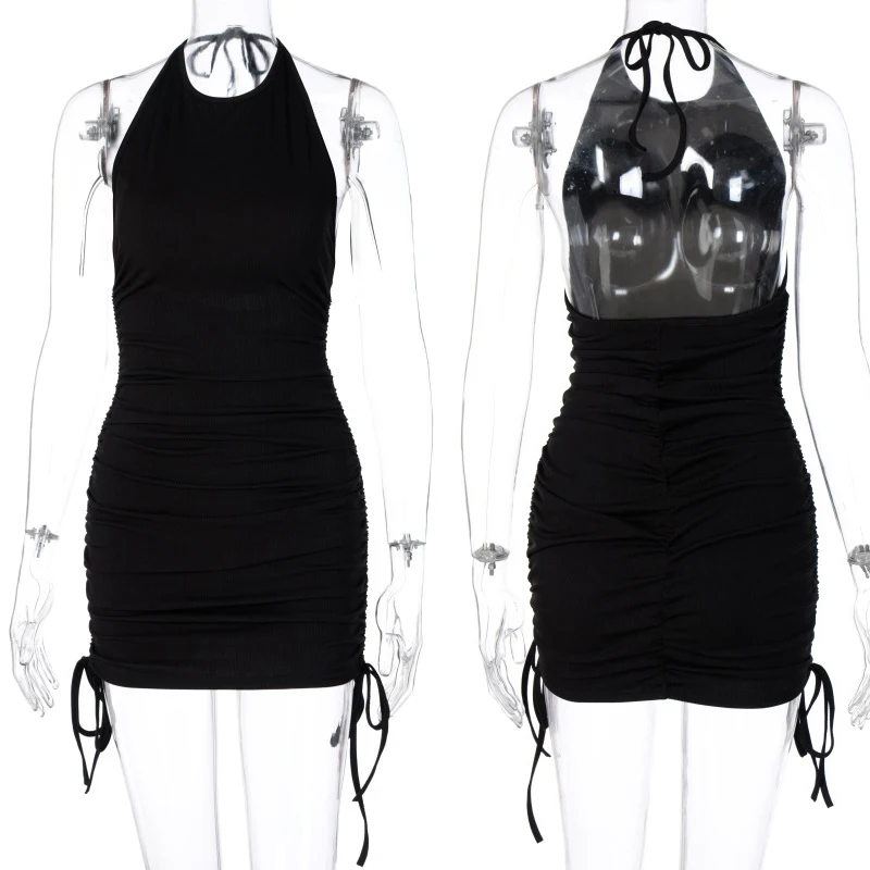 

Gtpdpllt Halter Lace Up Ruched Dress For Women Sleeveless Backless Mini Dress Ladies Streetwear Drawstring Bodycon Sexy Vestidos