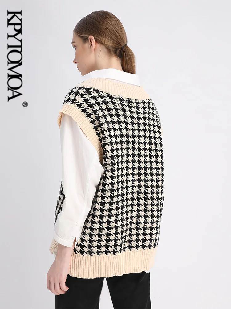 KPYTOMOA Women  Fashion Oversized Houndstooth Knitted Vest Sweater Vintage Sleeveless Side Vents Female Waistcoat Chic Tops