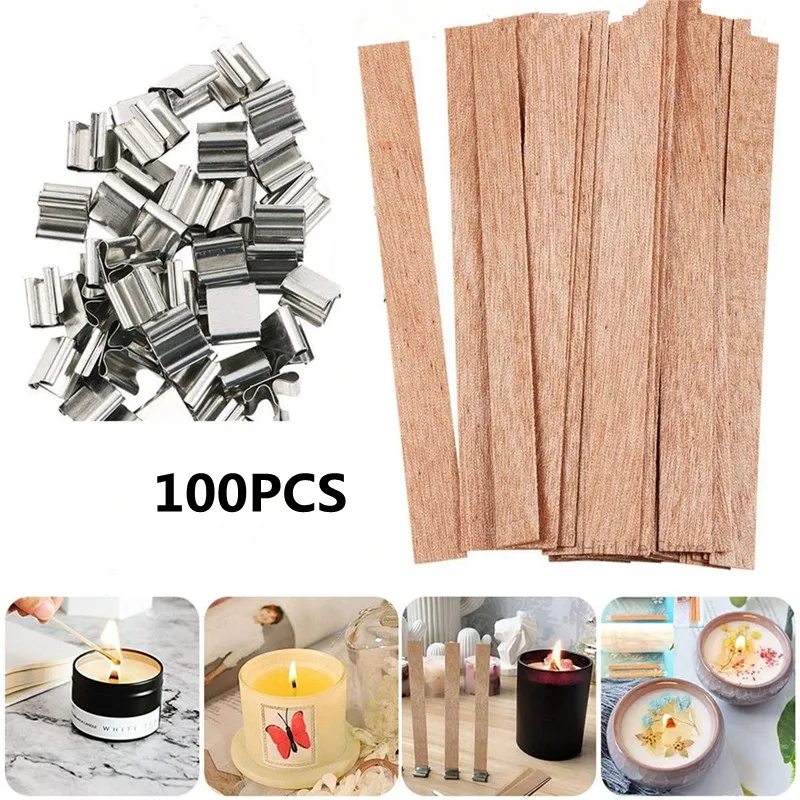 

High Quality100pcs Natural Wood Candle Wicks with Sustainer Tab DIY Candle Making Supplies Soy Parffin Wax Wick Melt Burner