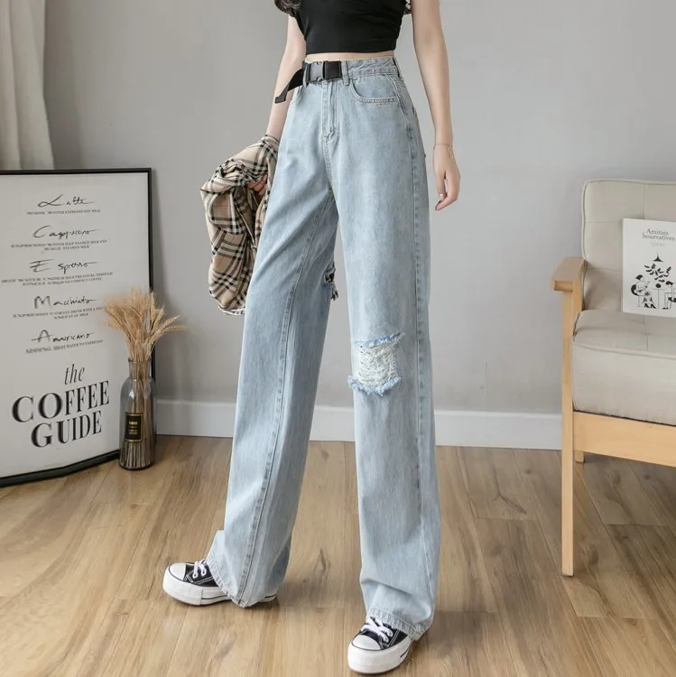 

Ripped Hole High Waist Wide Leg Straight Loose Long Jeans for Women S M L XL