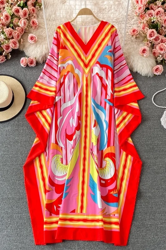 

Women's Bohemian Holiday Dress Fashion Girls V-neck Loose Sunscreen Batwing Sleeve Swing Elegant Long Dresses