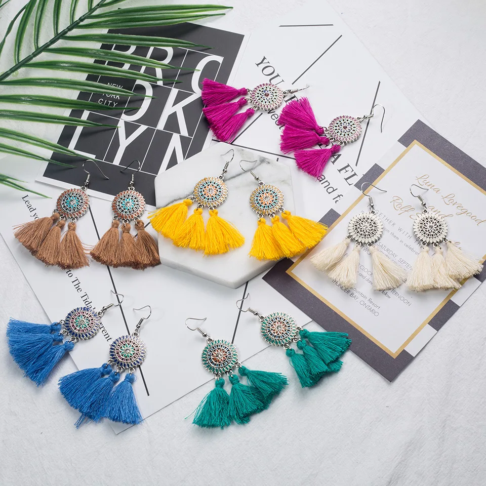 

WANGAIYAO tassel long earrings female sun flower ear jewelry ethnic style wool fashion jewelry earrings women