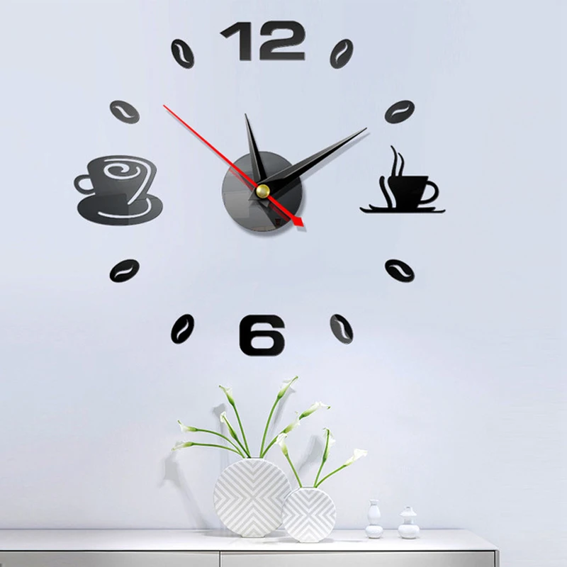 

New Self Adhesive Mirror Silent Numeral Interior Wall Clock Acrylic Clock With Modern Mirror Coffee Cups Decoration For Home