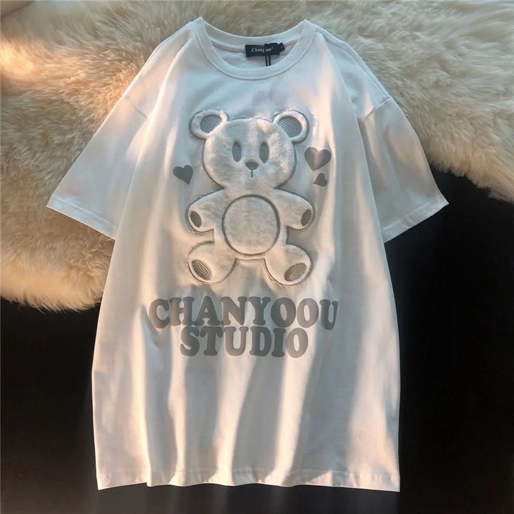 

Japanese Love Bear Couple T-shirt Women Cute Short Sleeve Tops 2021 Summer Oversize Loose Casual Female Tee Shirts Women Clothes