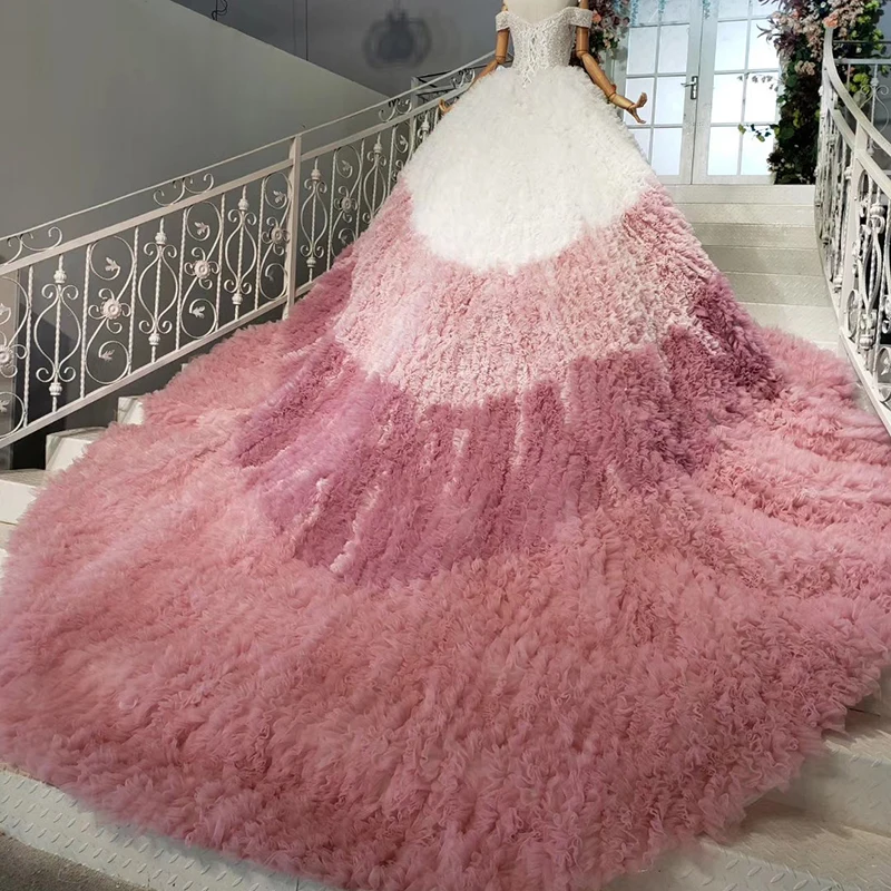 HTL901 plus size evening dress pink off shoulder cake style ruffle long dress party gowns for women vestidos baile finalistas