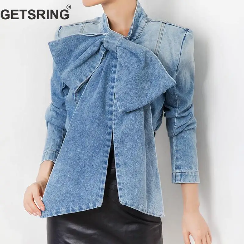 GETSRING Women Blouse Denim Shirt Long Sleeve Jean Blouses Retro Bow All Match Ladies Tops Spring Top | Женская одежда