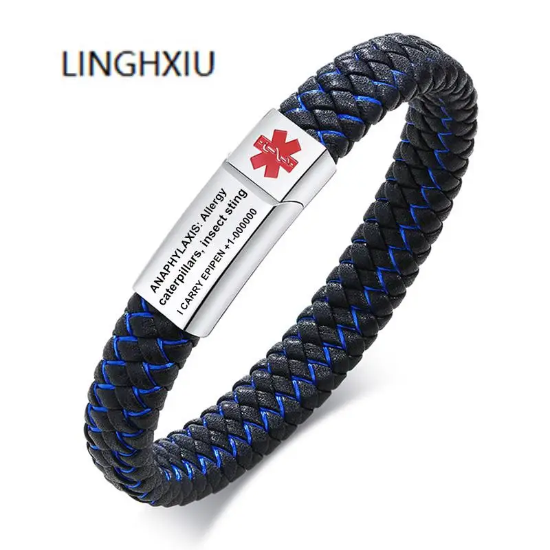 

Custom Braided Leather Medical ID Bracelets for Men Personalized Diabetic Allergy Sport Cuff Wristband Bracelet Free Engraving