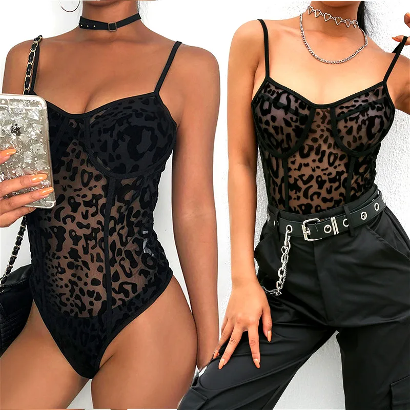 

2020 Summer Women Leopard Mesh Sheer Sexy Bodysuit Leotard Tops Black Sleeveless Bodycon Jumpsuit Shirts Clubwear Body Femme
