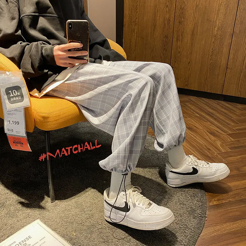 

Spring Summer Plaid Pants Men's Fashion Casual Pants Men Streetwear Korean Loose Hip-hop Straight Wide-leg Pants Mens Trousers