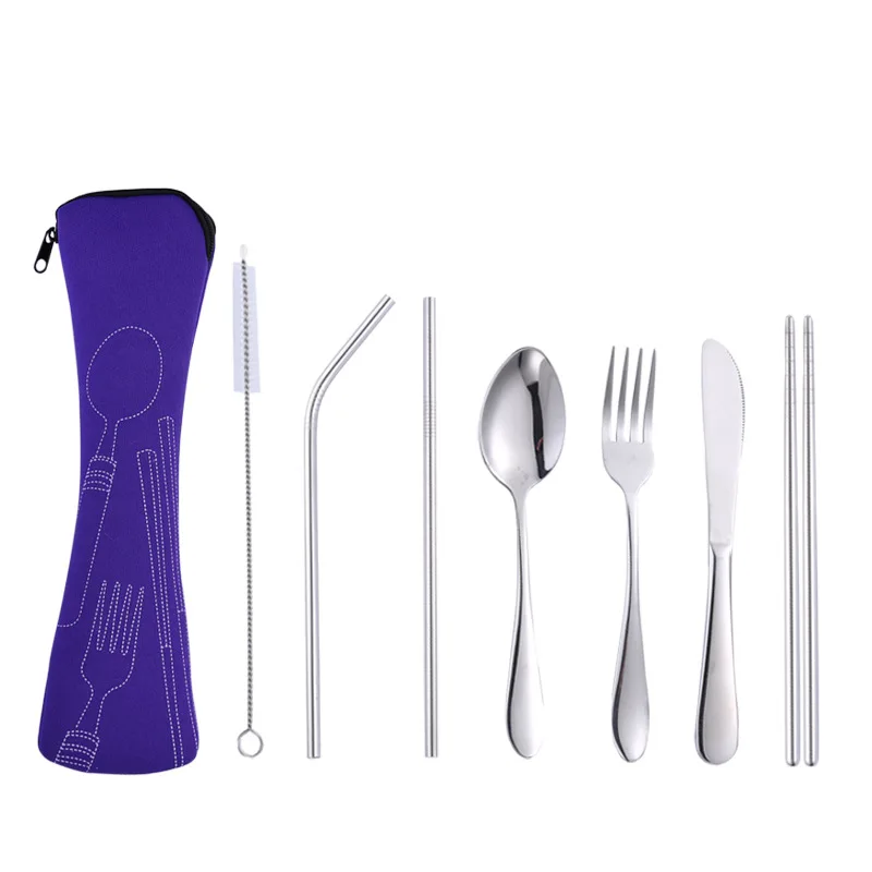 purplebag set Нержавеющая сталь 6 шт. многоразовый портативный набор столовых приборов нож вилка ложка палочки для еды набор кистей столовые приборы набор оптом - Цвет: purplebag set