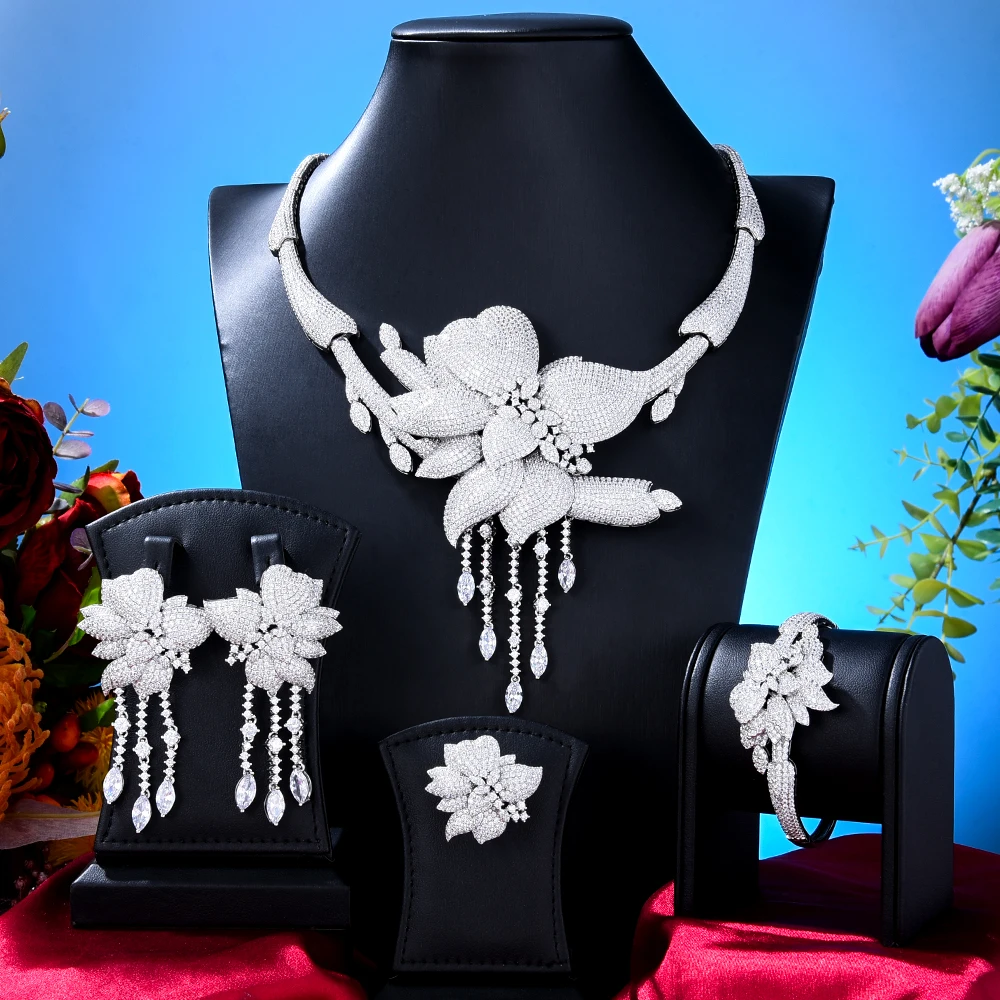 

Jimbora 4PCS Luxury Green purple Mixed Big Statement Jewelry set For Women Wedding Cubic Zircon CZ African Dubai Bridal Jewelry