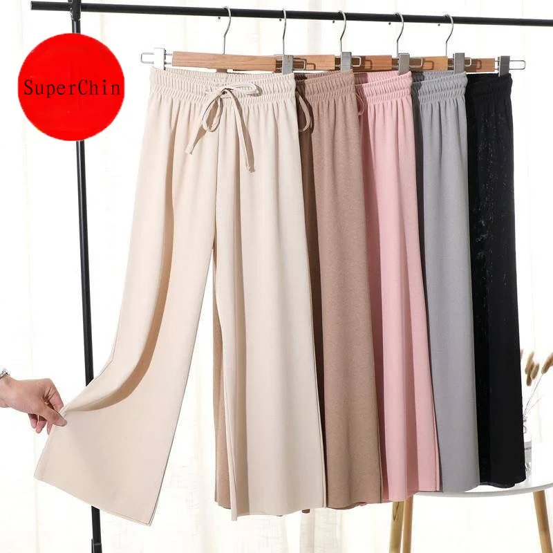 

Summer Silky Ninth Pants for Women Casual Loose Wide Leg Pants Dropshipping