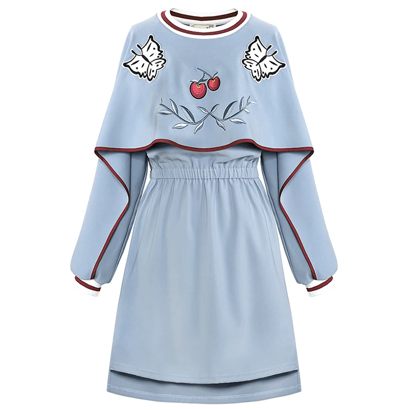 

2021 Autumn Dress Butterfly Embroidery women Batwing Sleeve O-Neck Shirt dresses Above Knee Casual Polyester Straight Dress