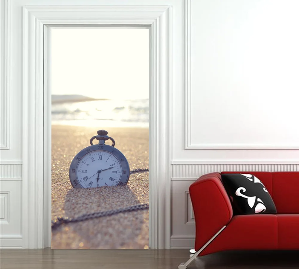 

Чехлы-накладки для фотографии 3D двери Стикеры домашний декор часы в Пляжные настенные самоклеящиеся обои Водонепроницаемый росписи Спальн...