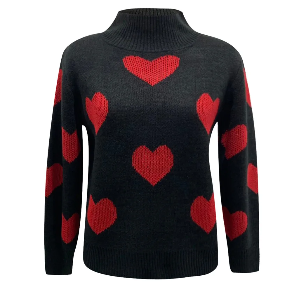 Женский Повседневный зимний свитер принт красное сердце черный с длинным