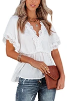 apricot lace splicing v neck short sleeve blouse women fashion casual top