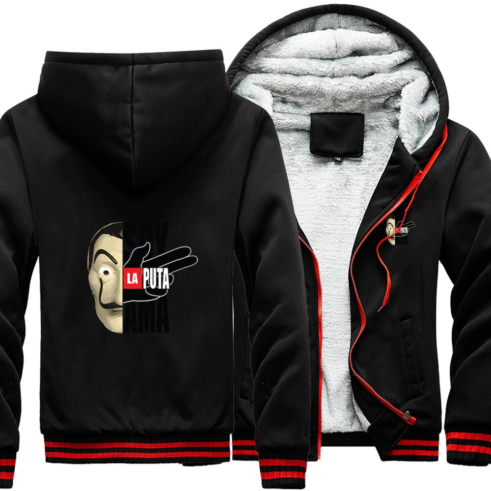 

Spain Dali La Casa De Papel Season Camo Raglan Thick Hoodies Winter Warm Printed Sweatshirts Top Men Fitted Outdoor Jackets Coat