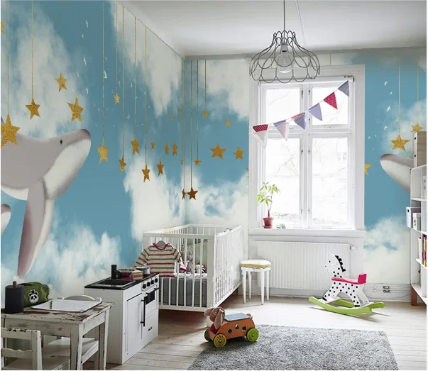 Ручная роспись креативная детская спальня настенная Кит Рыба синяя бумага рулон