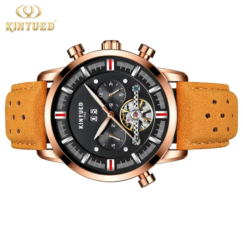 Натуральная KINYUED Jin Yueda мужской кожаный ремешок большой циферблат tourbillon