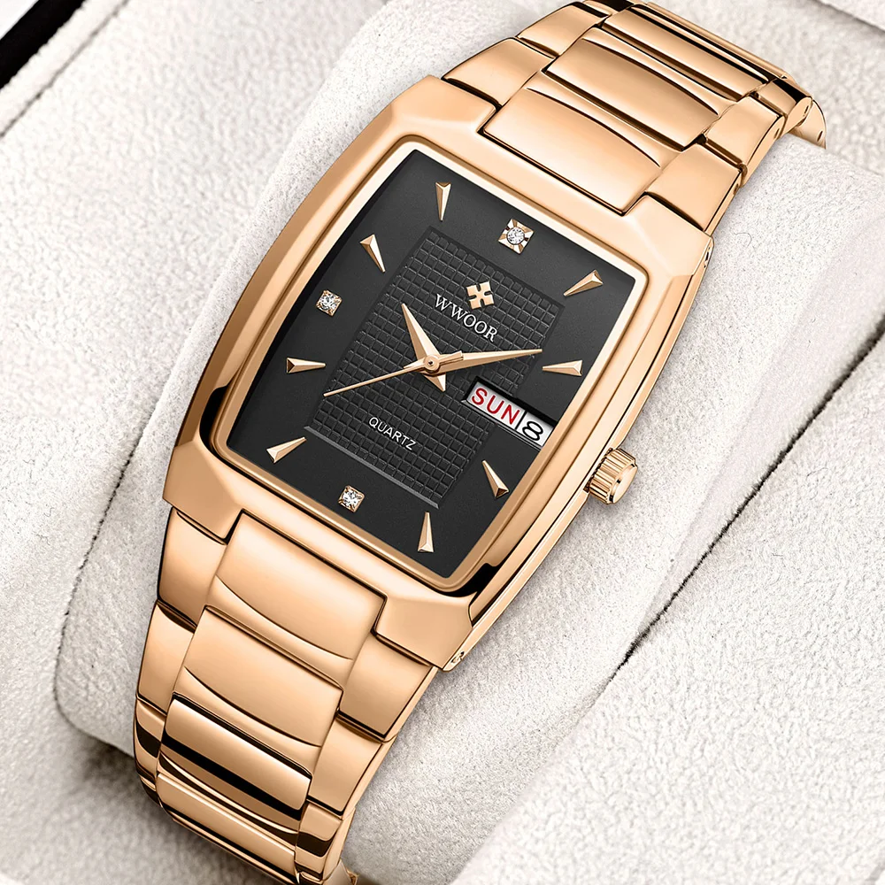 

WWOOR Brand Mens Watches 2021 Luxury Square Quartz Clock Male Stainless Steel Waterproof Automatic Date Wristwatch Zegarek Meski