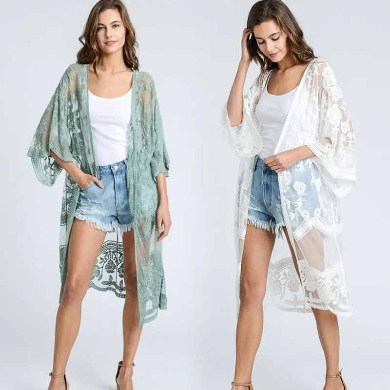 Сексуальное прозрачное кружевное женское летнее пляжное платье длинное кимоно с