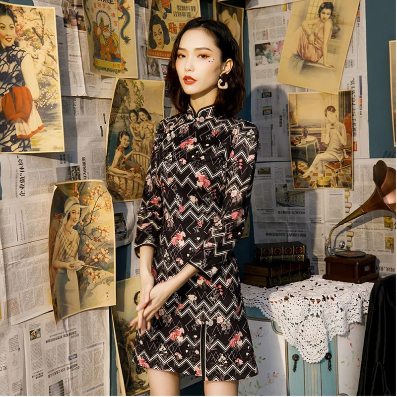 Sheng Coco мини сексуальное Полосатое платье Qipao с длинными рукавами Черное Чонсам с принтом из бархата с защитой для женщин новинка дизайн Китай Qi