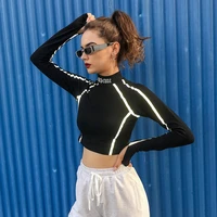 sexy t shirt long sleeve women contrasting color webbing reflective strip stitching exposed navel ladies tight fashion tops 2021