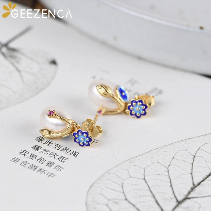 

925 Sterling Silver Natural Fresh Water Pearl Cloisonne Lotus Stud Earrings Fine jewelry Enamel Seedpods Women's Earring Vintage